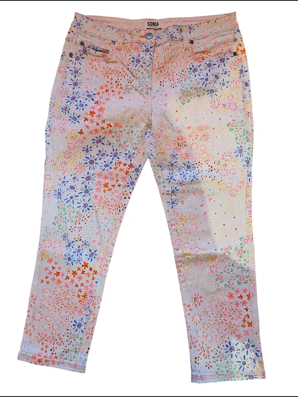 Sonia Rykiel White Lined Waistband with Subtle Pastel Hues Jeans, Denim
